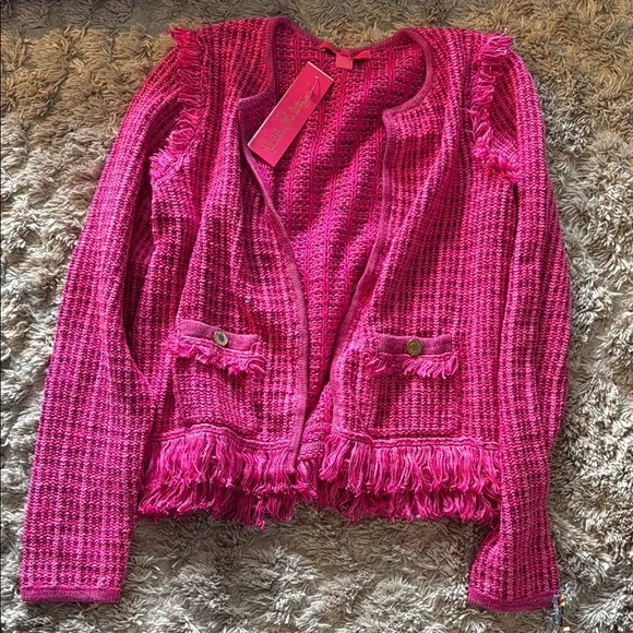 LILLY PULITZER Pink Palms Exotic Tweed NWT blazer knit sweater jacket coat - Picture 3 of 6